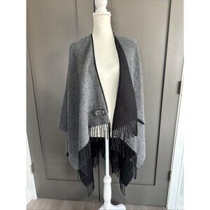 Cashmere Finished Made In Florence Italy Gray And Black Fringed Open Poncho Cape